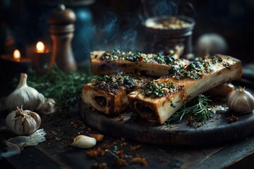 Roasted bone marrow with herbs and spices on a wooden board, surrounded by garlic, rosemary, and spices, in a dimly lit, rustic setting
