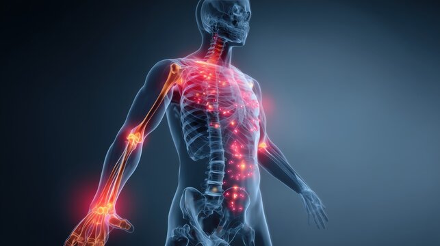 Medical illustration showing symptoms of Chikungunya virus: fever, rash, joint pain, human figure annotated with highlighted body zones