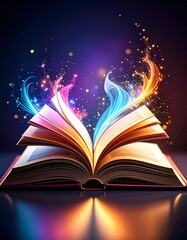 An open book emits vibrant magical colors, symbolizing creativity and imagination.