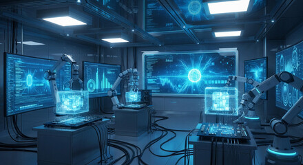 Futuristic Data Analysis Control Room with AI and Robotic Arms