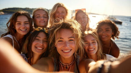 Young Friends Capturing Joy in a Selfie by the Beach at Sunset