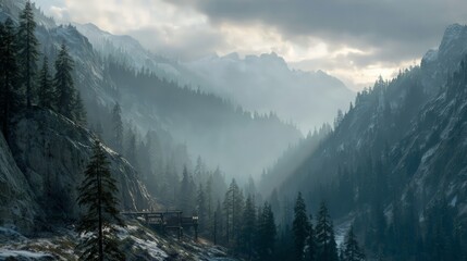 Snowy Mountain Valley With Coniferous Forest Under Hazy Light