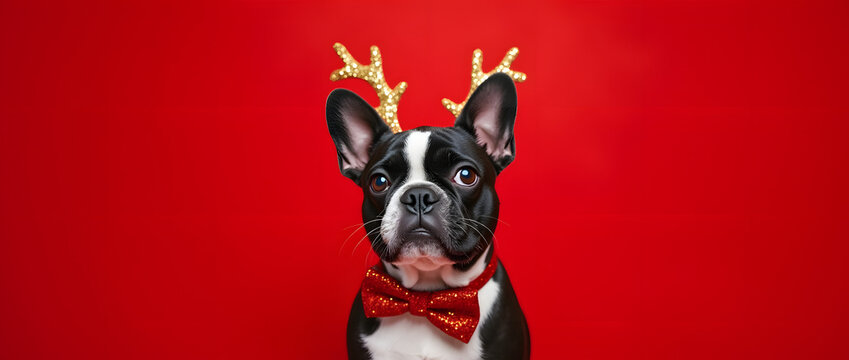 Bulldog noir avec n&oelig;ud papillon rouge et cornes de renne, isol&eacute; sur fond rouge. concept No&euml;l amusant 