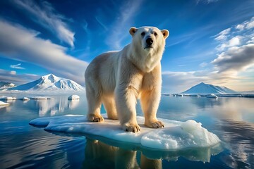 A majestic polar bear stands on an iceberg in the arctic sea