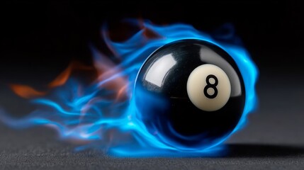 Black and white ball with the number 8 on it is surrounded by blue flames. Concept of excitement and energy, as if the ball is in motion or about to be used in a game of pool