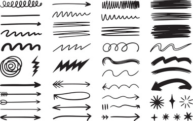 Hand drawn doodle collection set of arrows lines waves scribbles and decorative elements vector illustration isolated on white