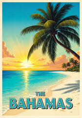 vintage travel poster of the Bahamas with sunset view