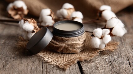 Sustainable packaging for lip balm on rustic wood with cotton blossoms