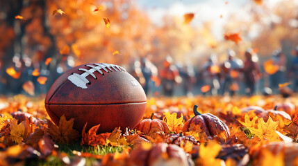 Celebrating Thanksgiving, families surround the football field, where pumpkins and colorful leaves adorn the scene