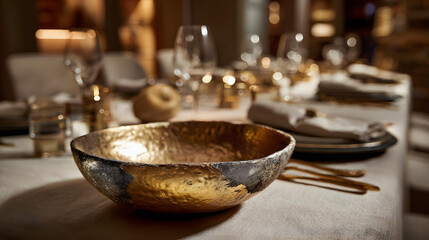 Elegant table setting with gold centerpiece bowl and soft ambient lighting