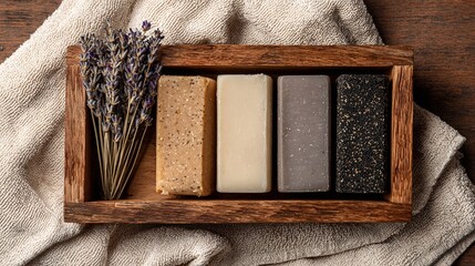 Fototapeta premium Top view of minimalist soap bars on a wooden tray with dried lavender and linen towel