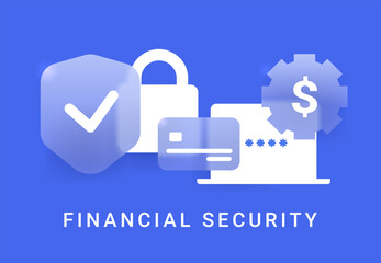 Financial security glass morphism composition on blue. Online money protection vector concept
