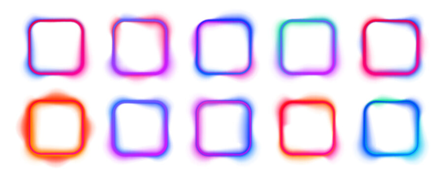 Gradient pink purple blue color. Isolated on transparent background. PNG. Set of glowing neon square lamps isolated on white background with copy space.	
