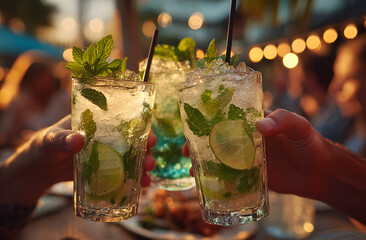 Friends cheer mojito cocktails at bar restaurant. Group of people toasting, happy event with drinks. Summer fun on patio, party, celebration, fun time with people, nightlife.