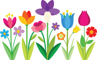 A vibrant collection of colorful spring flowers including tulips irises and daisies arranged in a delightful bouquet isolated on transparent background