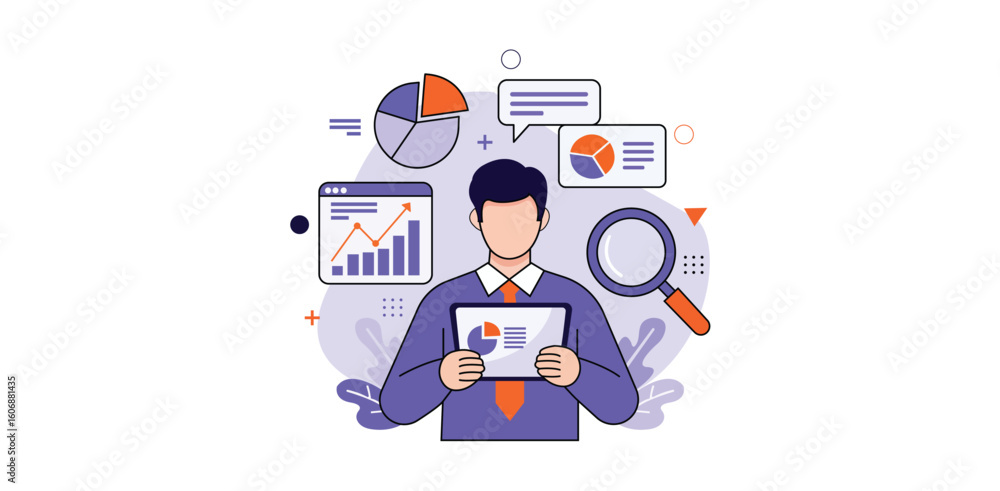 Poster businessman holding tablet with data charts and graphs vector illustration representing analytics re