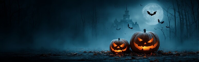 Halloween Festival wide web banner with Haunted House and Glowing Pumpkins, A spooky Halloween festival banner featuring a haunted house surrounded by glowing jack-o’-lanterns in a misty forest
