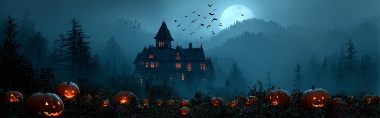 Halloween Festival wide web banner with Haunted House and Glowing Pumpkins, A spooky Halloween festival banner featuring a haunted house surrounded by glowing jack-o’-lanterns in a misty forest