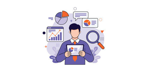 Businessman holding tablet with data charts and graphs vector illustration representing analytics report research dashboard performance review or financial planning
