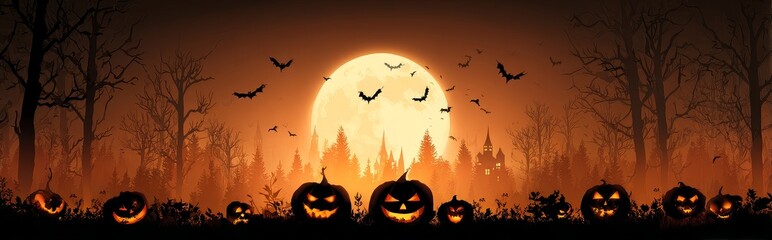 Halloween Festival wide web banner with Haunted House and Glowing Pumpkins, A spooky Halloween festival banner featuring a haunted house surrounded by glowing jack-o’-lanterns in a misty forest