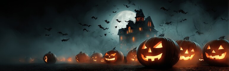 Halloween Festival wide web banner with Haunted House and Glowing Pumpkins, A spooky Halloween festival banner featuring a haunted house surrounded by glowing jack-o’-lanterns in a misty forest