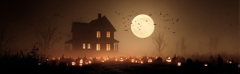 Halloween Festival wide web banner with Haunted House and Glowing Pumpkins, A spooky Halloween festival banner featuring a haunted house surrounded by glowing jack-o’-lanterns in a misty forest
