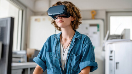 Young woman wearing virtual reality headset exploring digital world with immersive technology in modern office environment