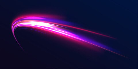 Fototapeta na wymiar Long exposure of motorways as speed. Neon spiral lines in yellow blue and purple colors. Image of speed motion on the road. 