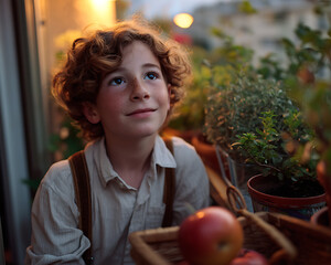 A boy with light brown curls and freckles, wearing a shirt with suspenders, reaches for a shiny red apple. potted plants. Soft light. The joy of the holiday. The Jewish New Year. Rosh Hashanah