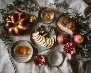 View from above. Beautifully set table with sliced apples, honey and pomegranate halves. Linen tablecloth with eucalyptus twigs. Soft light. The joy of the holiday. The Jewish New Year. Rosh Hashanah