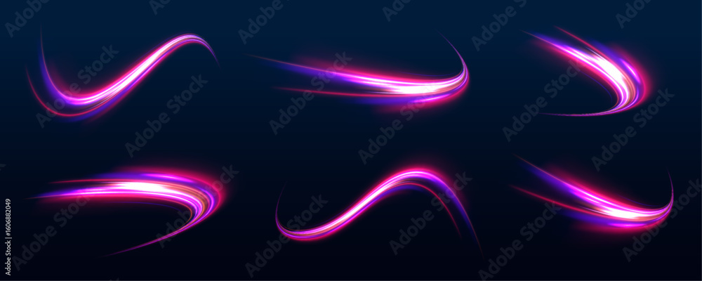 Poster lines in the shape of a comet against a dark background. vortex streams of neon light. abstract vect