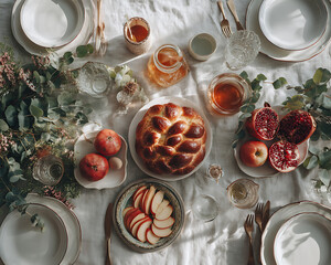 View from above. Beautifully set table with sliced apples, honey and pomegranate halves. Linen tablecloth with eucalyptus twigs. Soft light. The joy of the holiday. The Jewish New Year. Rosh Hashanah