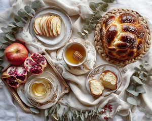View from above. Beautifully set table with sliced apples, honey and pomegranate halves. Linen tablecloth with eucalyptus twigs. Soft light. The joy of the holiday. The Jewish New Year. Rosh Hashanah