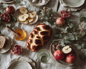 View from above. Beautifully set table with sliced apples, honey and pomegranate halves. Linen tablecloth with eucalyptus twigs. Soft light. The joy of the holiday. The Jewish New Year. Rosh Hashanah