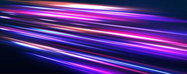 Plakat Magical fast-moving lines with laser beams and particle motion effects, glowing neon red and blue lights, abstract lens flares, and sparkling beams create a dynamic sense of acceleration and energy. 