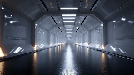 Fototapeta premium Futuristic Spaceship Corridor: Sci-Fi Interior Design, 3D Render, Modern Architecture, Spaceship Background