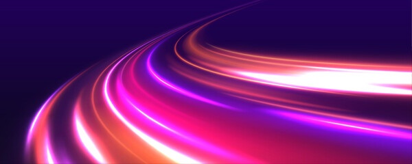 Vector dark blue abstract background with ultraviolet neon glow, blurry light lines, waves. High speed effect motion blur night lights blue and red. Magic shining neon light line trails.	