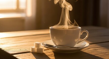 Steaming hot coffee cup with sugar cubes on a wooden table