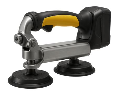 Battery-powered vacuum lifter with a swivel head for moving marble slabs in a stonemason's yard.