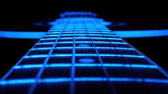 Close-up of a glowing blue guitar fretboard. - Powered by Adobe