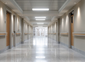 an empty, well-lit hallway with smooth, reflective flooring, white walls, and ceiling lights. There are doors on both sides of the hallway, and a wall-mounted intercom system is visible on the right.