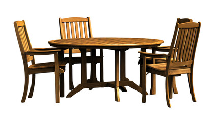 Outdoor wooden furniture set, round table, three chairs, cut out transparent
