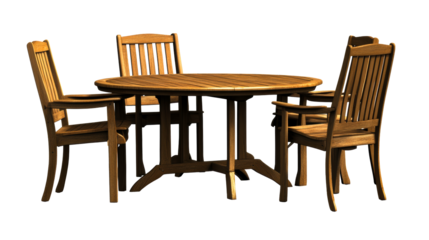 Outdoor wooden furniture set, round table, three chairs, cut out transparent