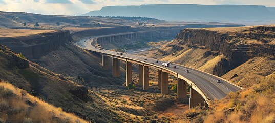 Aerial view of highway bridge with traffic spanning a canyon in a dry landscape under a blue sky