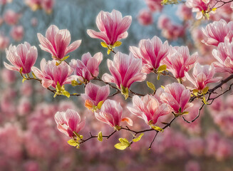 a branch adorned with beautiful pink magnolia flowers, set against a blurred background of more flowers.