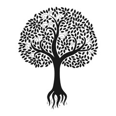 Silhouette of Tree with roots on isolated background. Hand drawn dreamy plant with crown of leaves. Vector fantasy botanical illustration. Design sign for magic, wild nature, ecology, print, card