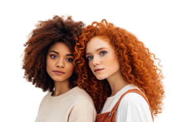 Portrait of two friends with gorgeous curly hairstyles in warm auburn tones, isolated on a transparent background