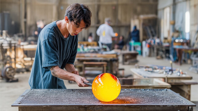 Glassblower shaping molten glass ball in workshop with focused expression and warm glowing light - Powered by Adobe