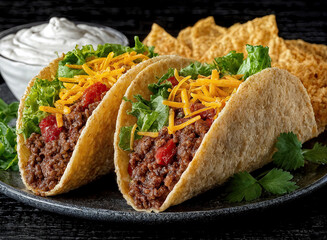 two tacos on a plate, filled with ground beef, lettuce, shredded cheese, and diced tomatoes. There are also tortilla chips and a bowl of white sauce on the side.