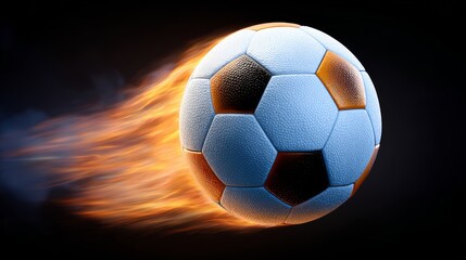 Fototapeta premium Soccer ball is in the air with flames coming out of it. Concept of excitement and energy, as if the ball is in motion and ready to be kicked
